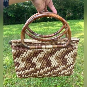 Vintage hand made crochet Beachy wave Brown clutch Hand Bag